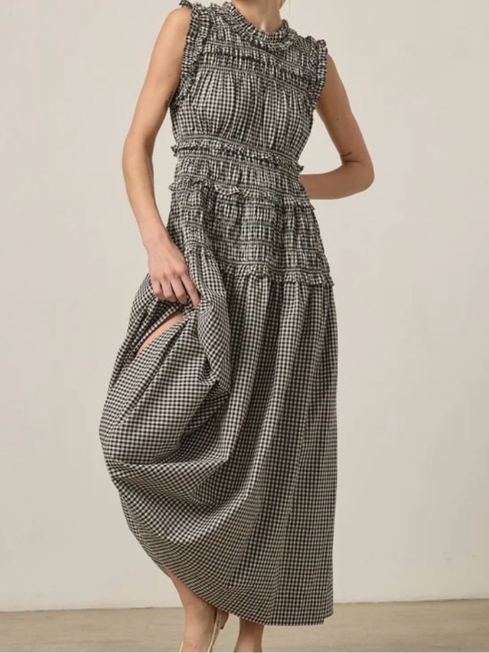 Caroline Constas Gingham Smocked Tiered Maxi Dress S NWT
